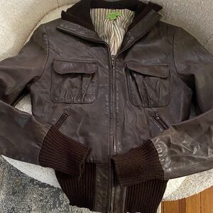 Women Brown Leather Bomber Jacket